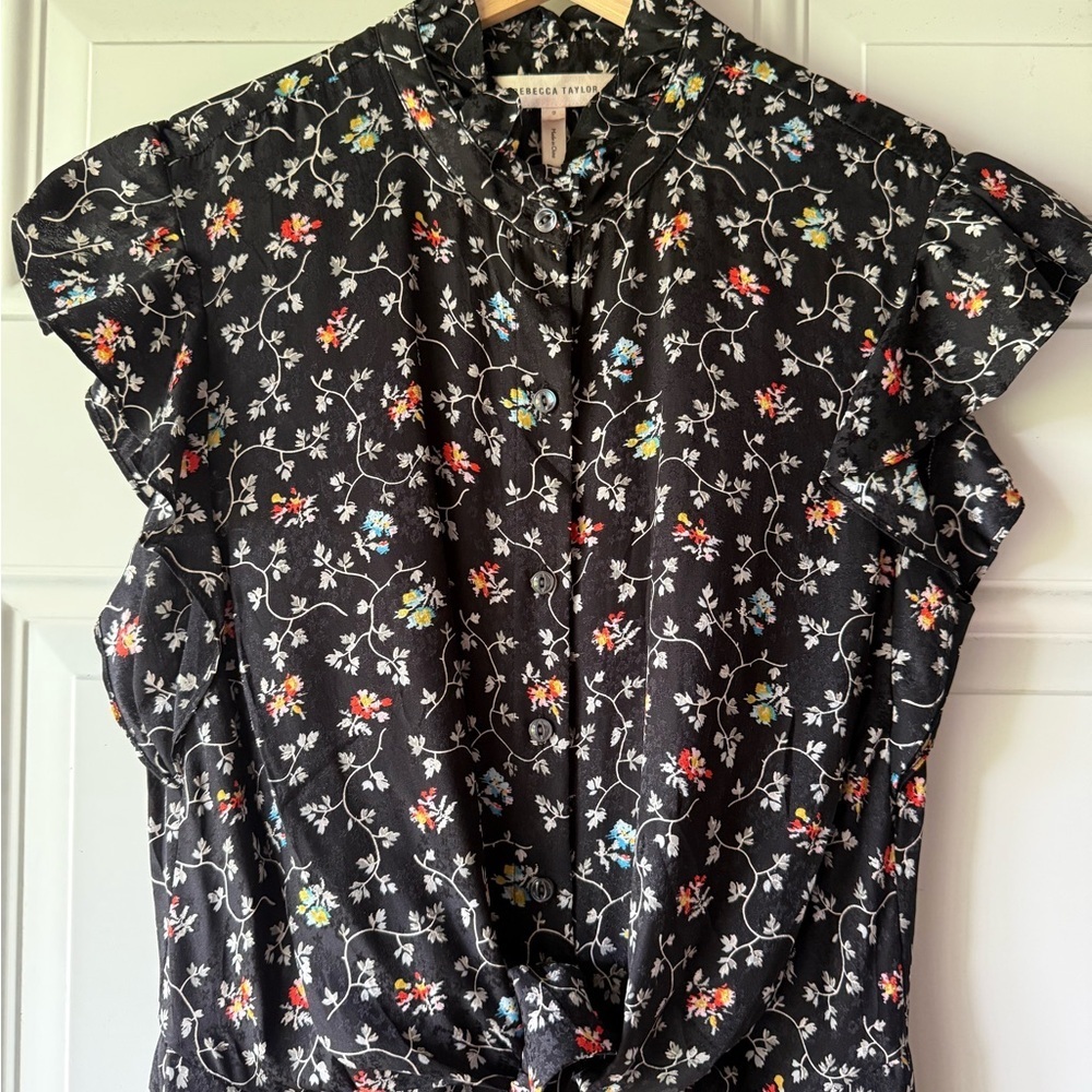 Rebecca Taylor 100% Silk Black Floral Vine Print Cropped Wide Leg Jumpsuit - Picture 5 of 15